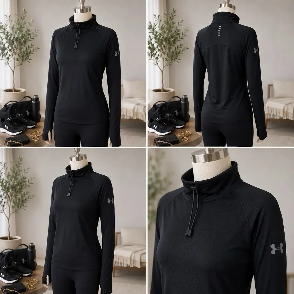 Under Armour ColdGear Run Fitted Black Mock Neck Pullover Thumbholes Women’s M
